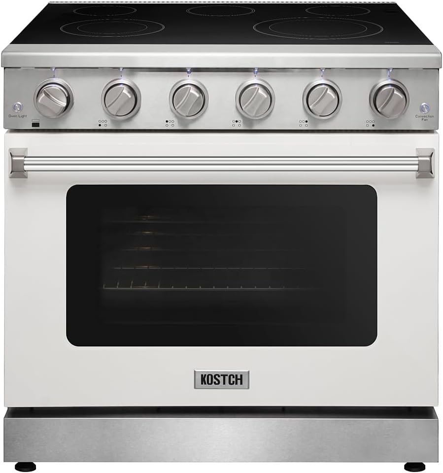 36 inch Professional Electric Range with 5 Heating Elements Cooktop, 6.0 Cu. Ft. Convection Oven Capacity, Smooth Glass Top, in Stainless Steel, KOS-36RE06H (White)