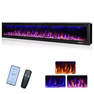 84" WiFi-Enabled Electric Fireplace Insert, APP Smart Control, Wall Mounted&Recessed Linear Fireplace Heater with Thermostat, Flame&Top Lights, Log&Crystal, Timer