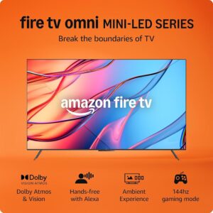 Amazon Fire TV 85" Omni Mini-LED Series, QLED 4K UHD smart TV, Dolby Vision IQ, 144hz gaming mode, Ambient Experience, hands-free with Alexa, 2024 release