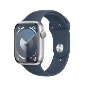Apple Watch Series 9 (GPS, 45mm) Smartwatch with Silver Aluminium Case and M/L Sports Strap in Storm Blue Fitness Tracker, Blood Oxygen and ECG Apps, Always-On Retina Display,...
