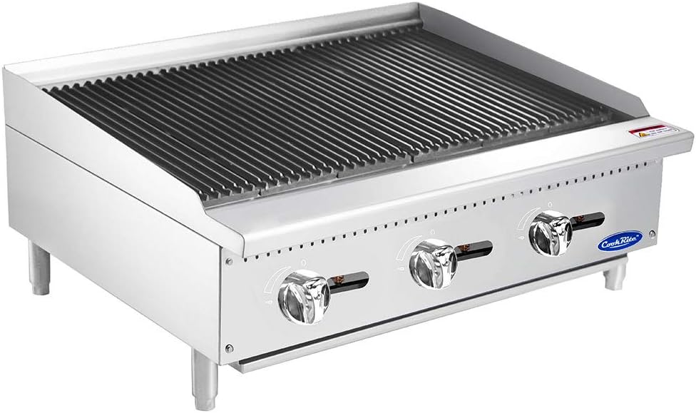 Atosa ATCB Natural Gas Commercial Lava Rock Charbroiler, 36" with (3) Burners, Iron Grill, Lava-Rock Grate, and Stainless Steel Radiant Plate for Efficient Cooking Surface...