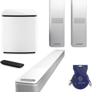 Bose Smart Ultra Dolby Atmos Soundbar, White, Bundle with Bass Module 700 and 2X Surround Speakers 700 and H&A HDMI Cable