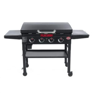 Char-GrillerÂ® Flat Iron 4-Burner Propane Gas Flat-Top Griddle with Steel Griddle Top, Hinged Lid, Wind Guards and Instant-Ignition, 775 Cooking Square Inches in Black, Model 8136
