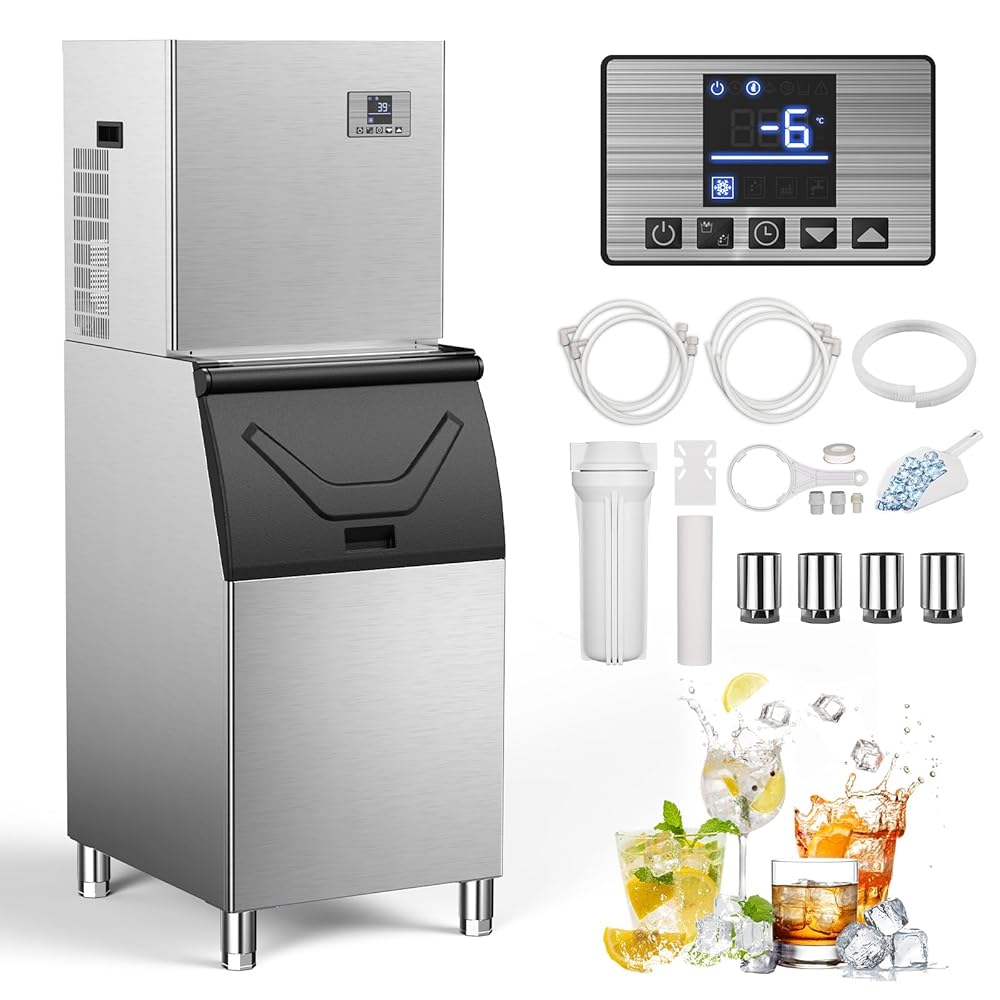 Commercial 550Lbs/24H Ice Maker Machine,Ice Ready in 5-15 min,360Lbs Large Storage,1033W Stainless Steel Electric Cube Ice Machine with Water line Hook up,12 Steps Ice...