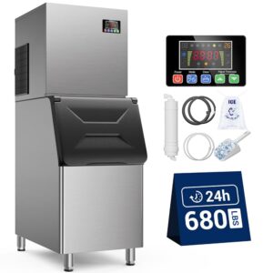 Commercial Ice Maker 680 LBS/24h with 560 LBS Storage Bin, 156 Ice Cubes Ready in 5-15 min, Stainless Steel Industrial Ice Machine, 30 Adjustable LCE Thicknesses Perfect for Bar...