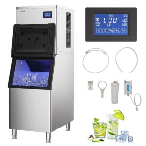 Commercial Ice Maker Machine, 400 lbs /24 h, 330 lbs Storage Bin, Stainless Steel, Automatic Cleaning, Blue Ray, Perfect for Bar or Business, Includes Ice Shovel, Connection Hose