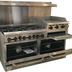 Commercial Range-Oven&Griddle, 60"W, 6 Burners-Left, 24" Broiler, Cheese Melter, Natural Gas, Propane, NSF/ETL, 2 Ovens Thermostat, Stainless Steel, Cast iron Grate Restaurant...