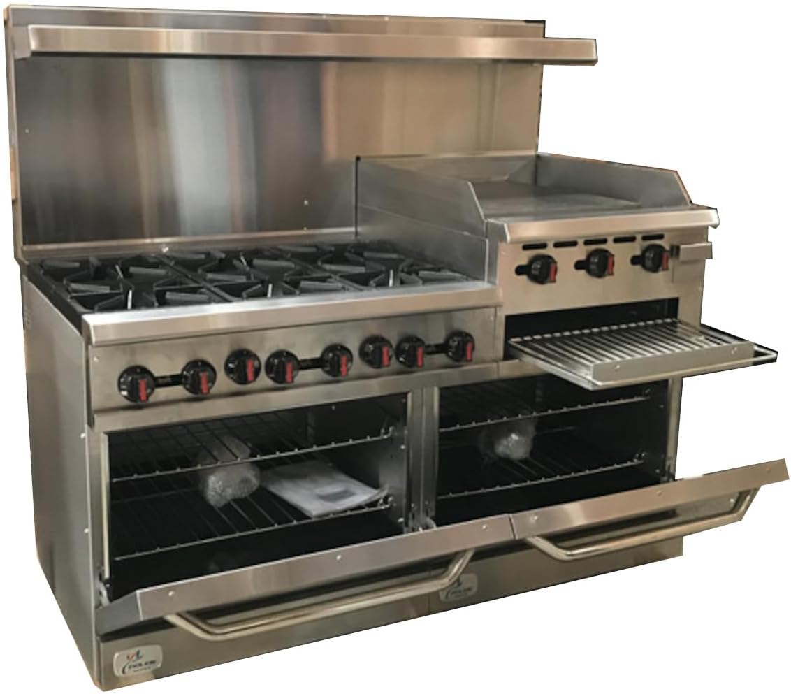 Commercial Range-Oven&Griddle, 60"W, 6 Burners-Left, 24" Broiler, Cheese Melter, Natural Gas, Propane, NSF/ETL, 2 Ovens Thermostat, Stainless Steel, Cast iron Grate Restaurant...