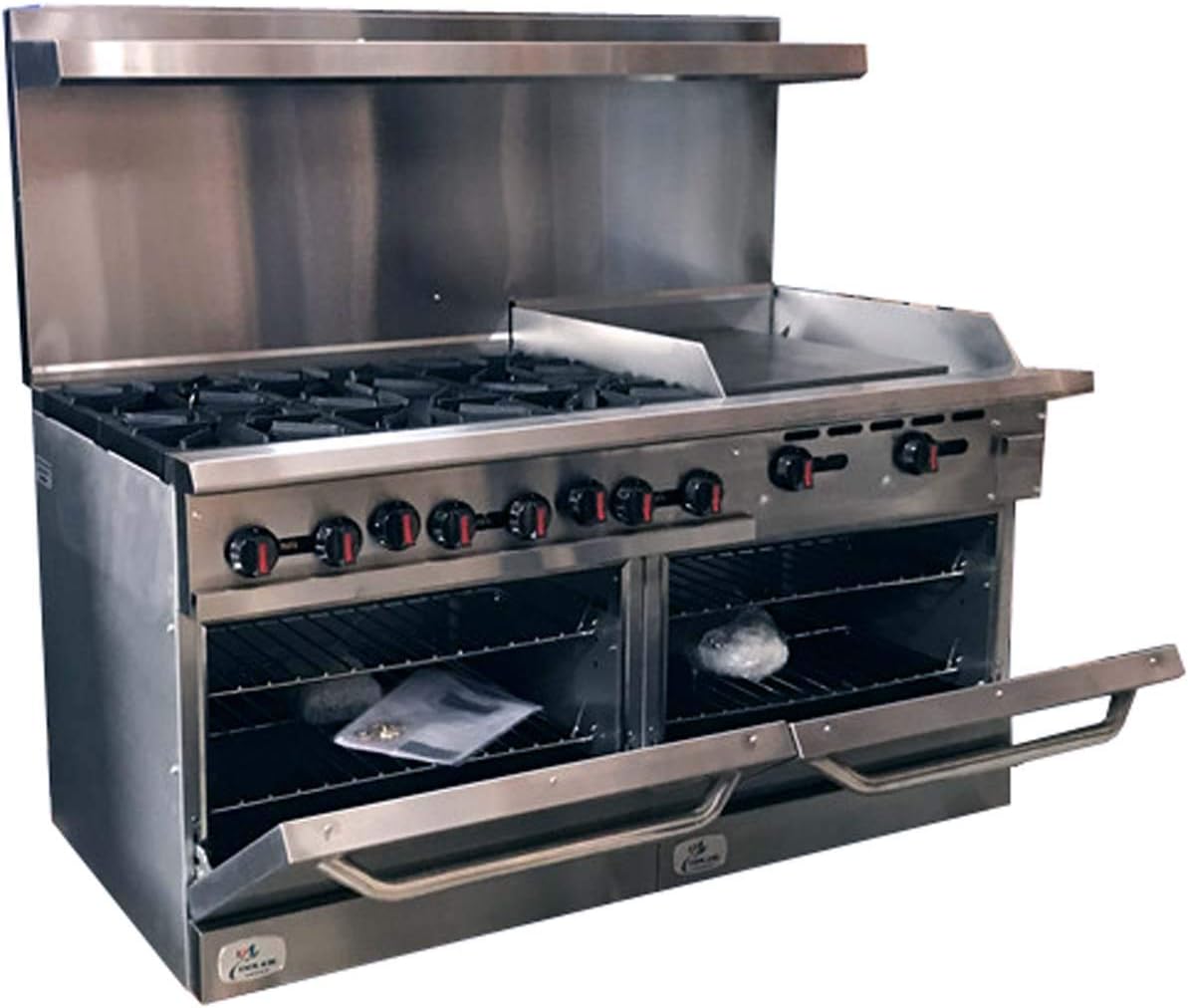 Commercial Range-Oven&Griddle, 60"W, 6 Burners-Left, 24" Griddle-Right, Natural Gas, Propane, NSF/ETL Certified, 2 Ovens Thermostat, Stainless Steel, Cast iron Grate Restaurant...