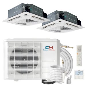 Cooper&Hunter 18,000 BTU Multi Zone, Dual 9,000 + 12,000 BTU Ductless Mini Split Ceiling Cassette Air Conditioner Heat Pump including 25ft Installation Kits