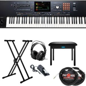 Korg 76-Key Pa5X Professional Arranger Bundle with Adjustable Keyboard Stand, Flip-Top Bench, Closed-Back Headphones, Sustain Pedal, and 1/4 Inch TS Cables (7 Items)