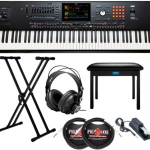 Korg 88-Key Pa5X Professional Arranger Bundle with Adjustable Keyboard Stand, Flip-Top Bench, Closed-Back Headphones, Sustain Pedal, and 1/4 Inch TS Cables (7 Items)
