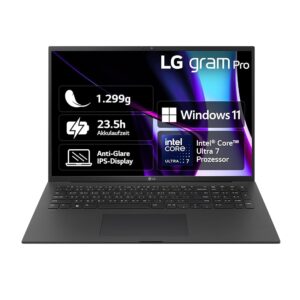 LG gram Pro 17 Inch Notebook - 1299g Intel Core Ultra7 Laptop (16GB RAM, 1TB Dual SSD, 23.5h Battery Life, IPS Panel Anti-Glare Display, Win 11 Home, 2024) - Black