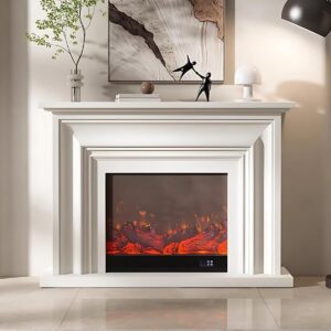Luxury French Style Electric Fireplace with Mantel - Real Flame Effect Electric Fireplace Heating with 3D Carving Frame for Living Room, Remote Control (White,Heating,59.06'')