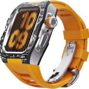 MGTCAR Modification Kit Carbon Fiber Case Flurin Rubber Band for Apple Watch 45/44mm 8 7 Men Rubber Sport Band Metal Bumper Frame for iWatch Series 6 5 4SE Watch Accessories, Agate