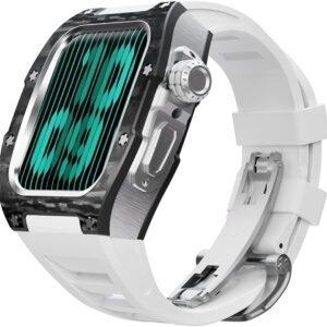 MGTCAR Modification Kit Carbon Fiber Case Flurin Rubber Band for Apple Watch 45/44mm 8 7 Men Rubber Sport Band Metal Bumper Frame for iWatch Series 6 5 4SE Watch Accessories, Agate