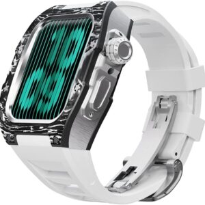 MGTCAR Modification Kit Carbon Fiber Case Flurin Rubber Band for Apple Watch 45/44mm 8 7 Men Rubber Sport Band Metal Bumper Frame for iWatch Series 6 5 4SE Watch Accessories, Agate