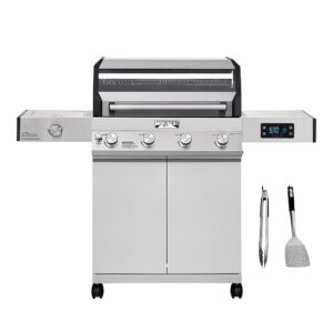 Monument Grills Denali D405 4-Burner Liquid Propane Gas Smart BBQ Grill Stainless Steel with Barbecue Tool Set - Spatula & Tongs (2 items)