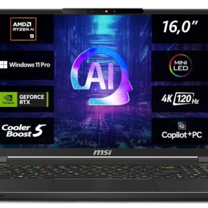 MSI Stealth A16 AI+, Gaming Laptop, Copilot+ PC, 16.0 Inch UHD+, AMD Ryzen AI 9 HX 370 Processor, 32 GB LPDDR5X-7500 RAM, 2 TB, NVIDIA GeForce RTX 4070, Windows 11 Pro, QWERTZ...