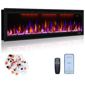 Oxhark Flame 750/1500W Electric Fireplace, Slim Recessed Fireplace with Remote Control, Multi-Colour Flame Effects with Realistic Logs, Thermostat with Timer, Black