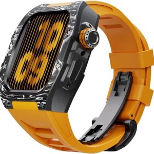 SCHIK Modification Kit Carbon Fiber Case Flurine Rubber Band for Apple Watch 45/44mm 8 7 Men Rubber Sport Band Metal Bumper Frame for iWatch Series 6 5 4 SE Watch Accessories