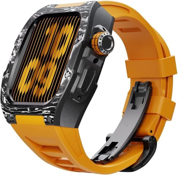 SCHIK Modification Kit Carbon Fiber Case Flurine Rubber Band for Apple Watch 45/44mm 8 7 Men Rubber Sport Band Metal Bumper Frame for iWatch Series 6 5 4 SE Watch Accessories