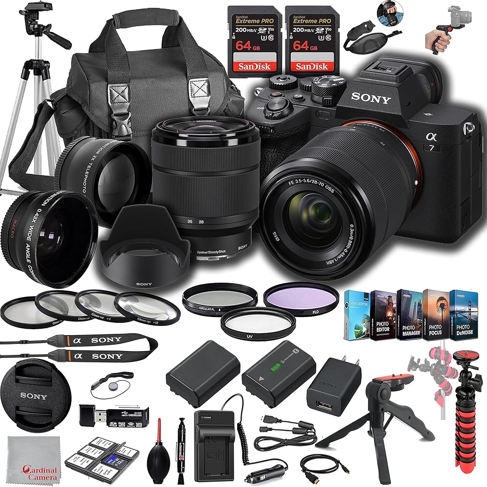 Sony a7 IV Mirrorless Digital Camera 33MP w/ 28-70mmmm Lens, 128GB Extreem Speed Memory,.43 Wide & 2X Lenses, Case. Tripod, Filters, Hood, Grip,Spare Battery & Charger, Software...