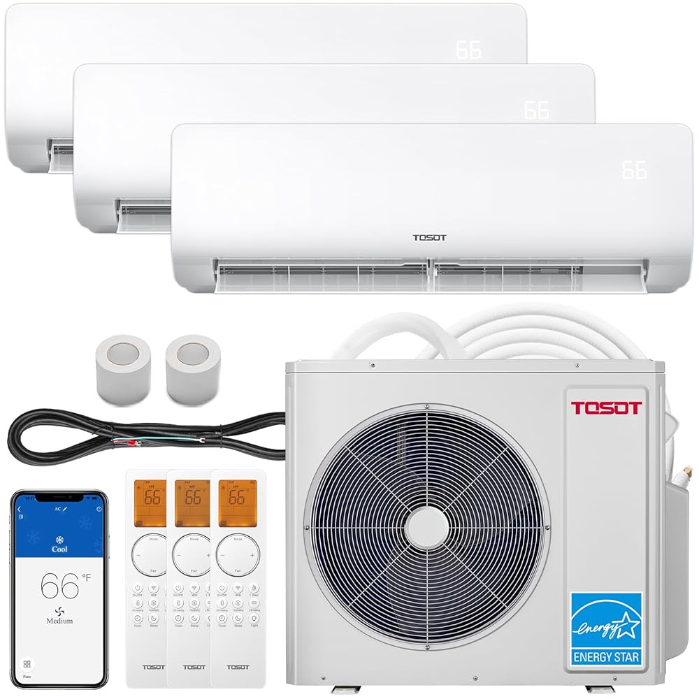 TOSOT 30,000 BTU Tri 3 Zone Mini Split AC with Heat Pump, 21 SEER2, 230V, Wifi-Enabled Ductless Inverter Split System with 16.4 ft Copper Line Set, 9,000 + 9,000 + 12,000 BTU,...