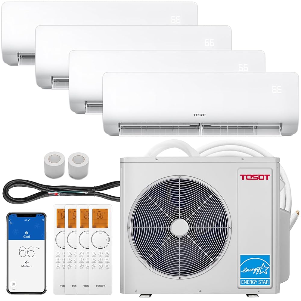 TOSOT 36,000BTU Quad 4 Zone Mini Split AC with Heat Pump, 21SEER2, 230V, Wifi-Enabled Ductless Inverter Split System with 16ft Copper Line Set, 9,000+9,000+9,000+9,000 BTU,...