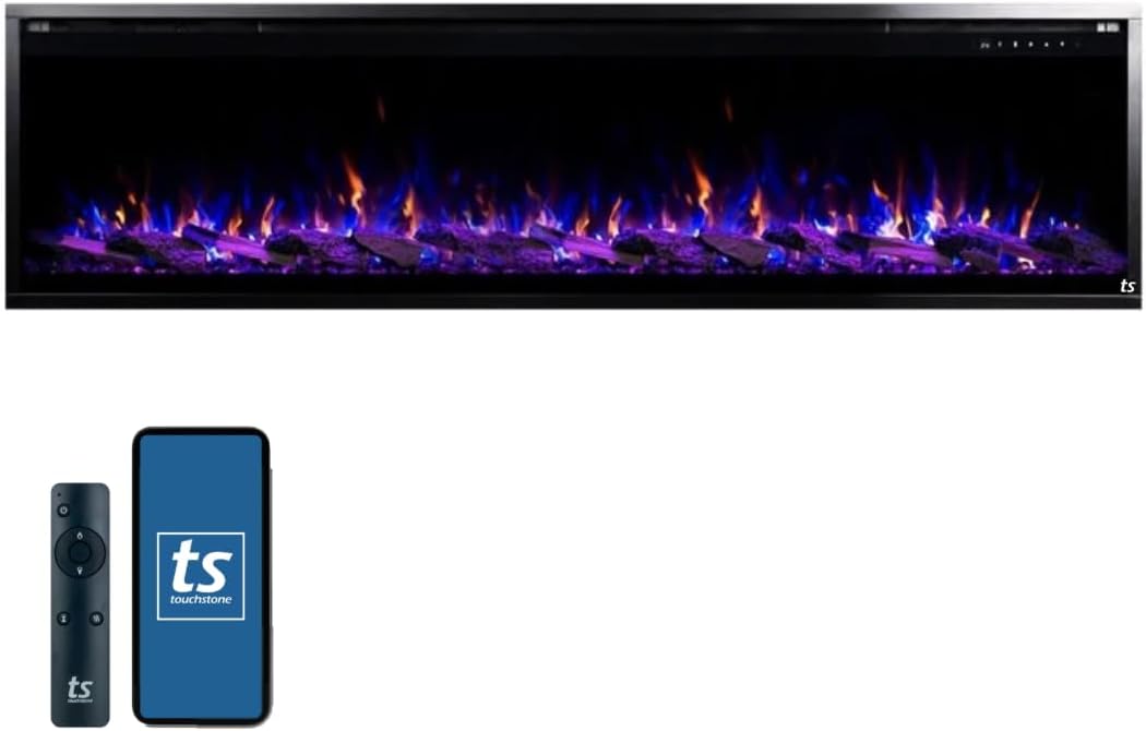 Touchstone Sideline Elite Pro 72" Smart Electric Fireplace- Wall-Mount/Recessed Installation- 6 Realistic Flame Colors- 13-Color Down Lighting- Crackle Sound- 1,500W Heater