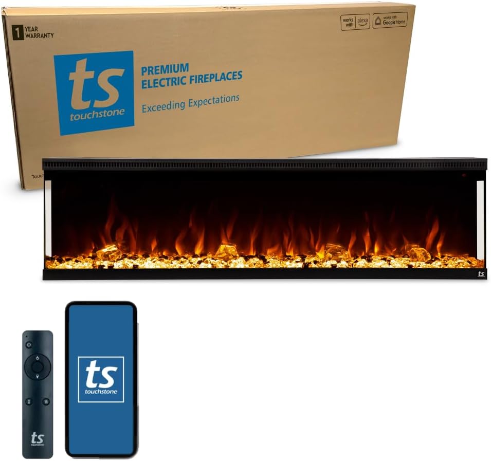 Touchstone Sideline Infinity 3-Sided Smart 72" WiFi-Enabled Electric Fireplace - 80051 - Built-in - 60 Color Combinations - 1,500W Heater- Black - Log & Crystals