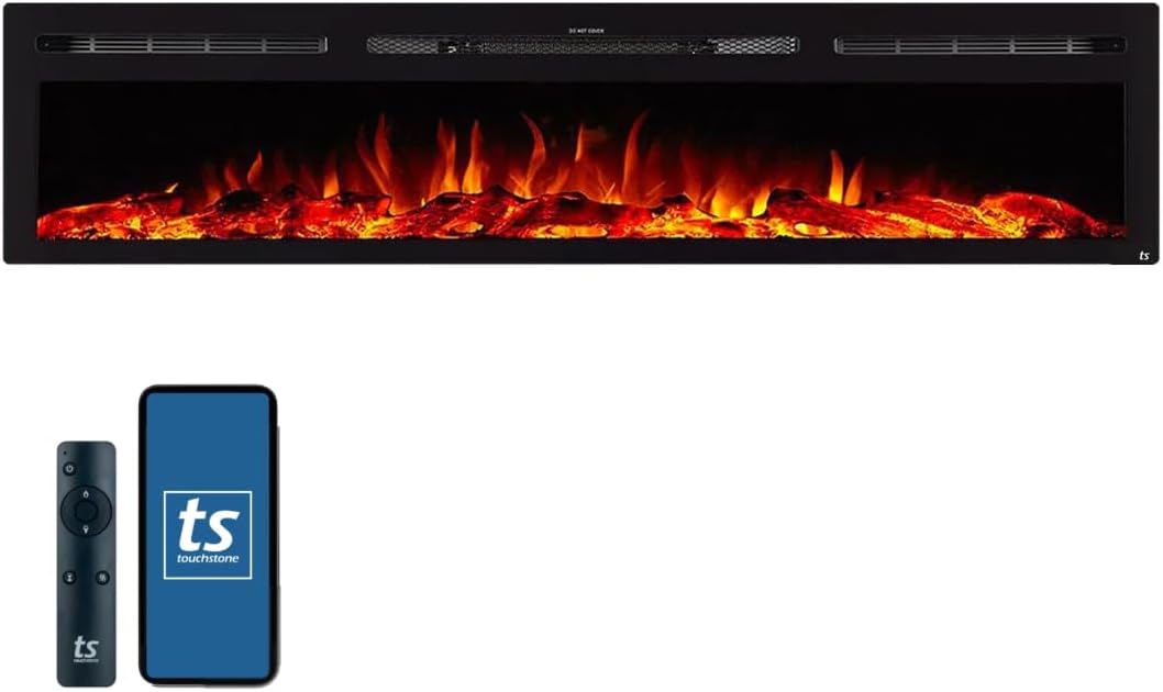 Touchstone Smart Electric Fireplace-The Sideline 84" Wide-in Wall Recessed - 30 Realistic Ember Color/Flame Options - 1,500W Heater w/Thermostat - Log & Crystal Hearth Options -...
